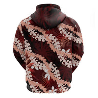 Puakenikeni Maile Lei Zip Hoodie Frangipani Red Tropical Leaves