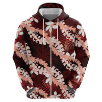 Puakenikeni Maile Lei Zip Hoodie Frangipani Red Tropical Leaves