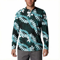Puakenikeni Maile Lei Button Sweatshirt Frangipani Turquoise Tropical Leaves