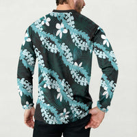 Puakenikeni Maile Lei Button Sweatshirt Frangipani Turquoise Tropical Leaves
