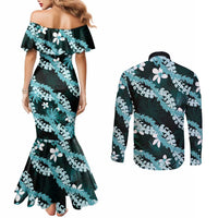 Puakenikeni Maile Lei Couples Matching Mermaid Dress and Long Sleeve Button Shirt Frangipani Turquoise Tropical Leaves