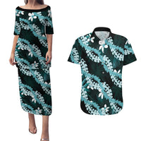 Puakenikeni Maile Lei Couples Matching Puletasi and Hawaiian Shirt Frangipani Turquoise Tropical Leaves