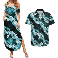 Puakenikeni Maile Lei Couples Matching Summer Maxi Dress and Hawaiian Shirt Frangipani Turquoise Tropical Leaves
