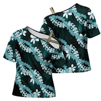 Puakenikeni Maile Lei Cross Shoulder Shirt Frangipani Turquoise Tropical Leaves LT01 - Polynesian Pride