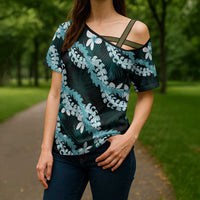 Puakenikeni Maile Lei Cross Shoulder Shirt Frangipani Turquoise Tropical Leaves LT01 - Polynesian Pride