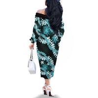 Puakenikeni Maile Lei Family Matching Off The Shoulder Long Sleeve Dress and Hawaiian Shirt Frangipani Turquoise Tropical Leaves LT01 - Polynesian Pride