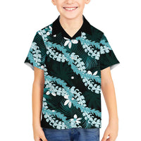 Puakenikeni Maile Lei Hawaiian Shirt Frangipani Turquoise Tropical Leaves