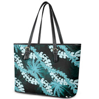 Puakenikeni Maile Lei Leather Tote Bag Frangipani Turquoise Tropical Leaves