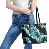 Puakenikeni Maile Lei Leather Tote Bag Frangipani Turquoise Tropical Leaves