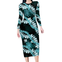 Puakenikeni Maile Lei Long Sleeve Bodycon Dress Frangipani Turquoise Tropical Leaves LT01 Long Dress Turquoise - Polynesian Pride