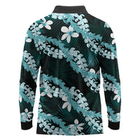 Puakenikeni Maile Lei Long Sleeve Polo Shirt Frangipani Turquoise Tropical Leaves