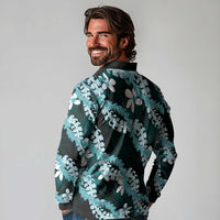Puakenikeni Maile Lei Long Sleeve Polo Shirt Frangipani Turquoise Tropical Leaves