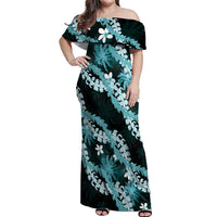 Puakenikeni Maile Lei Off Shoulder Maxi Dress Frangipani Turquoise Tropical Leaves LT01 Women Turquoise - Polynesian Pride