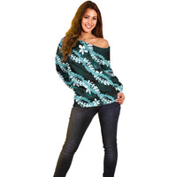 Puakenikeni Maile Lei Off Shoulder Sweater Frangipani Turquoise Tropical Leaves