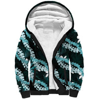 Puakenikeni Maile Lei Sherpa Hoodie Frangipani Turquoise Tropical Leaves