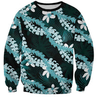 Puakenikeni Maile Lei Sweatshirt Frangipani Turquoise Tropical Leaves
