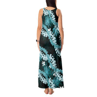 Puakenikeni Maile Lei Tank Maxi Dress Frangipani Turquoise Tropical Leaves
