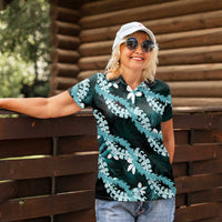 Puakenikeni Maile Lei Women Polo Shirt Frangipani Turquoise Tropical Leaves LT01 - Polynesian Pride