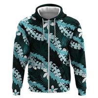 Puakenikeni Maile Lei Zip Hoodie Frangipani Turquoise Tropical Leaves LT01 Zip Hoodie Turquoise - Polynesian Pride