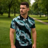 Puakenikeni Maile Lei Zipper Polo Shirt Frangipani Turquoise Tropical Leaves LT01 - Polynesian Pride