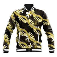 Puakenikeni Maile Lei Baseball Jacket Frangipani Yellow Tropical Leaves