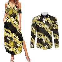 Puakenikeni Maile Lei Couples Matching Summer Maxi Dress and Long Sleeve Button Shirt Frangipani Yellow Tropical Leaves