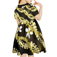 Puakenikeni Maile Lei Kid Short Sleeve Dress Frangipani Yellow Tropical Leaves LT01 - Polynesian Pride