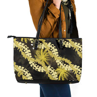 Puakenikeni Maile Lei Leather Tote Bag Frangipani Yellow Tropical Leaves