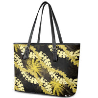 Puakenikeni Maile Lei Leather Tote Bag Frangipani Yellow Tropical Leaves