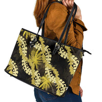 Puakenikeni Maile Lei Leather Tote Bag Frangipani Yellow Tropical Leaves