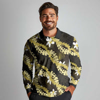 Puakenikeni Maile Lei Long Sleeve Polo Shirt Frangipani Yellow Tropical Leaves LT01 - Polynesian Pride