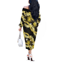 Puakenikeni Maile Lei Off The Shoulder Long Sleeve Dress Frangipani Yellow Tropical Leaves