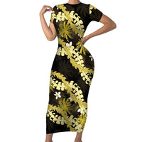 Puakenikeni Maile Lei Short Sleeve Bodycon Dress Frangipani Yellow Tropical Leaves