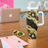 Puakenikeni Maile Lei Tumbler With Handle Frangipani Yellow Tropical Leaves