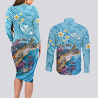 Personalized Hawaii Sea Turtle Couples Matching Long Sleeve Bodycon Dress and Long Sleeve Button Shirt Hawaii Map Ocean Vibes