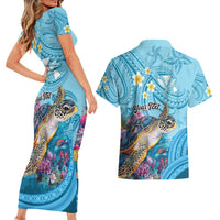 Personalized Hawaii Sea Turtle Couples Matching Short Sleeve Bodycon Dress and Hawaiian Shirt Hawaii Map Ocean Vibes