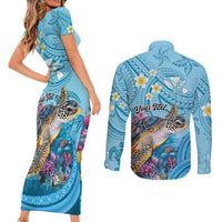 Personalized Hawaii Sea Turtle Couples Matching Short Sleeve Bodycon Dress and Long Sleeve Button Shirt Hawaii Map Ocean Vibes