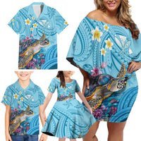 Personalized Hawaii Sea Turtle Family Matching Off Shoulder Short Dress and Hawaiian Shirt Hawaii Map Ocean Vibes