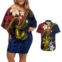 Philippines Spirit Tribal Sun Plumeria Couples Matching Off Shoulder Short Dress and Hawaiian Shirt Red And Blue Polynesian Pattern LT01 Black - Polynesian Pride