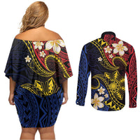 Philippines Spirit Tribal Sun Plumeria Couples Matching Off Shoulder Short Dress and Long Sleeve Button Shirt Red And Blue Polynesian Pattern