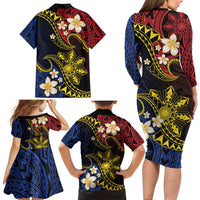 Philippines Spirit Tribal Sun Plumeria Family Matching Long Sleeve Bodycon Dress and Hawaiian Shirt Red And Blue Polynesian Pattern