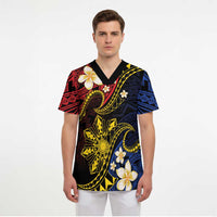 Philippines Spirit Tribal Sun Plumeria Scrub Top Red And Blue Polynesian Pattern - Polynesian Pride
