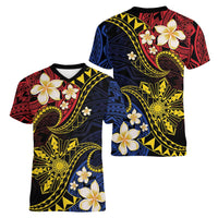 Philippines Spirit Tribal Sun Plumeria Women V-Neck T-Shirt Red And Blue Polynesian Pattern