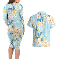 Hawaii Hibiscus Plumeria Blue Couples Matching Long Sleeve Bodycon Dress and Hawaiian Shirt Polynesian Pattern LT01 - Polynesian Pride