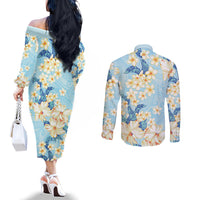 Hawaii Hibiscus Plumeria Blue Couples Matching Off The Shoulder Long Sleeve Dress and Long Sleeve Button Shirt Polynesian Pattern