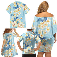 Hawaii Hibiscus Plumeria Blue Family Matching Off Shoulder Short Dress and Hawaiian Shirt Polynesian Pattern LT01 - Polynesian Pride