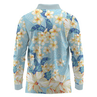 Hawaii Hibiscus Plumeria Blue Long Sleeve Polo Shirt Polynesian Pattern