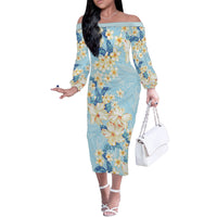 Hawaii Hibiscus Plumeria Blue Off The Shoulder Long Sleeve Dress Polynesian Pattern