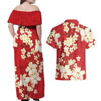 Hawaii Hibiscus Plumeria Red Couples Matching Off Shoulder Maxi Dress and Hawaiian Shirt Polynesian Pattern