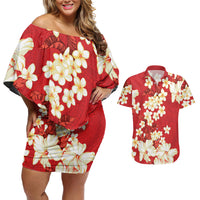 Hawaii Hibiscus Plumeria Red Couples Matching Off Shoulder Short Dress and Hawaiian Shirt Polynesian Pattern